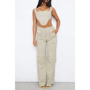 Pretty Little Things Stone Twill Dip Hem Structured Cargo Corset Pant Set Size 6